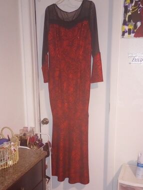 Red Paisley Long-Sleeve Evening Gown with Sheer Yoke